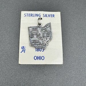 Vintage Sterling Silver Ohio‎ State Map Charm 1803 Travel Souvenir Pendant 925